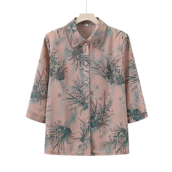 Grandma Summer Shirt Middle-aged and Elderly Women's Printed Top Mother's Summer Stylish Small Shirt Old Man's Wife Clothes