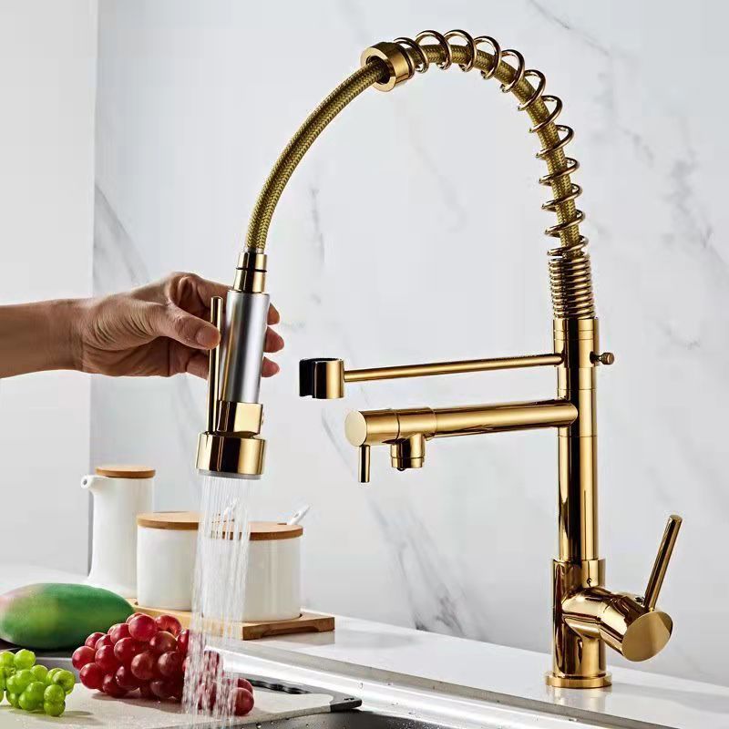 Cross-Border spring kitchen faucet pull-out type double water outlet cold and hot sink vegetable basin rotating rose gold faucet
