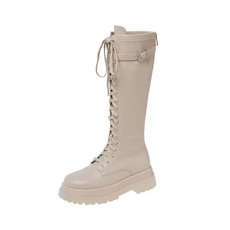 Reuzenbeen Lange knappe voorkant vetersluiting effen kleur ridderlaarzen dames nieuwe dikke zool maar knie afslankende lange laarzen hoge laarzen trendy_voghion.com
