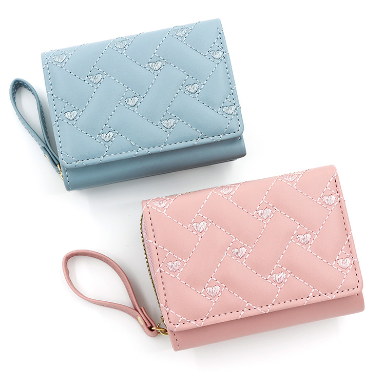 Nouveau portefeuille court pour femme simple brodé amour PU trois volets sac carte sac multi-cartes portefeuille portefeuille en gros_voghion.com