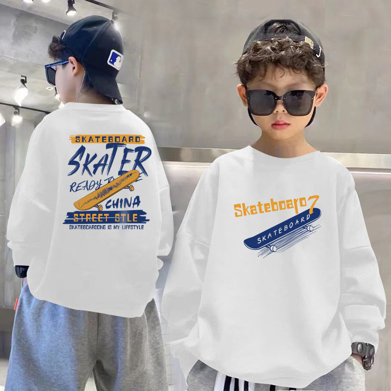 Children's Wear Boy's Pure Cotton Printed Sweater 2023 New Style Middle and Large Children's Crewneck Top Spring and Autumn Boy's Base Shirt Cool