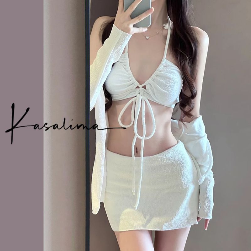 Swimsuit Women's Split Sunscreen Long Sleeve Blouse 2024 Summer New Small Chest Sexy Pure Neck Bikini Seaside White