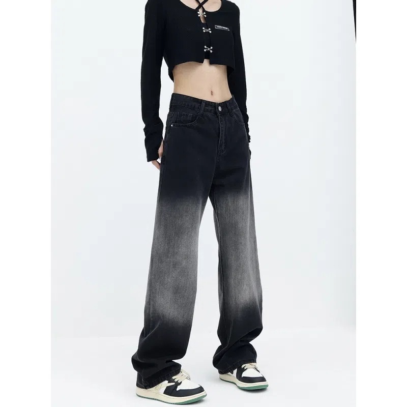 Women's Large Size Black Wash Water Gradient Straight Jeans Women's Autumn Trendy ins High Waist Slimming Wide Leg Pants