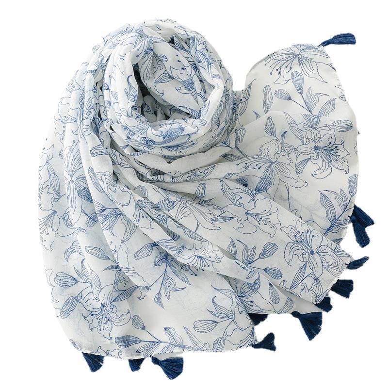 Yitao foreign trade export cotton and linen feel scarf small fresh blue white background leaf flower tassel scarf shawl Lady