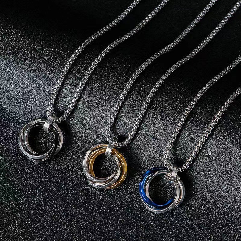 European and American stainless steel three-ring necklace hot-selling simple non-fading hip-hop titanium steel necklace diamond pendant for boys
