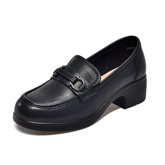 Round toe slip-on loafers women's 2023 first layer cowhide metal buckle chunky heel single-layer shoes small leather shoes physical exclusive