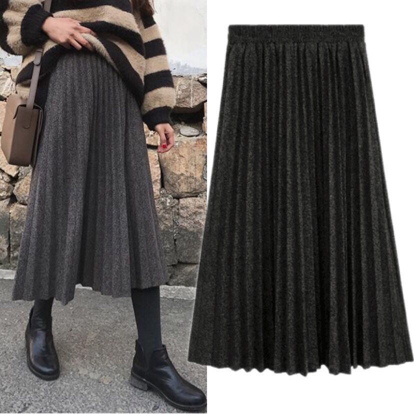 Foreign Trade Amazon 2023 Autumn and Winter Large Size Skirt High Waist Pleated Long Skirt Solid Color Woolen Skirt Swing Skirt