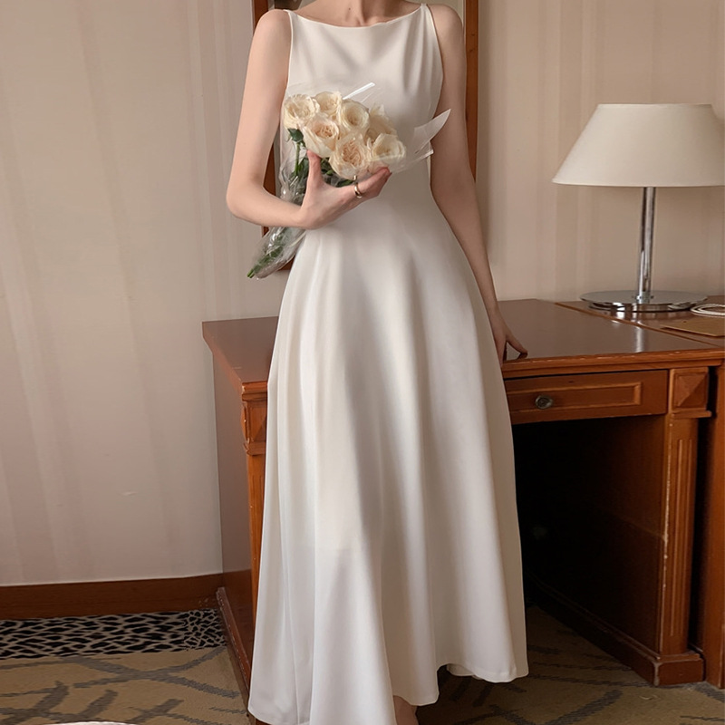 Korean chic Minimalist Summer Elegant Round Neck Tight Waist Slimming Solid Color Sleeveless Vest Dress