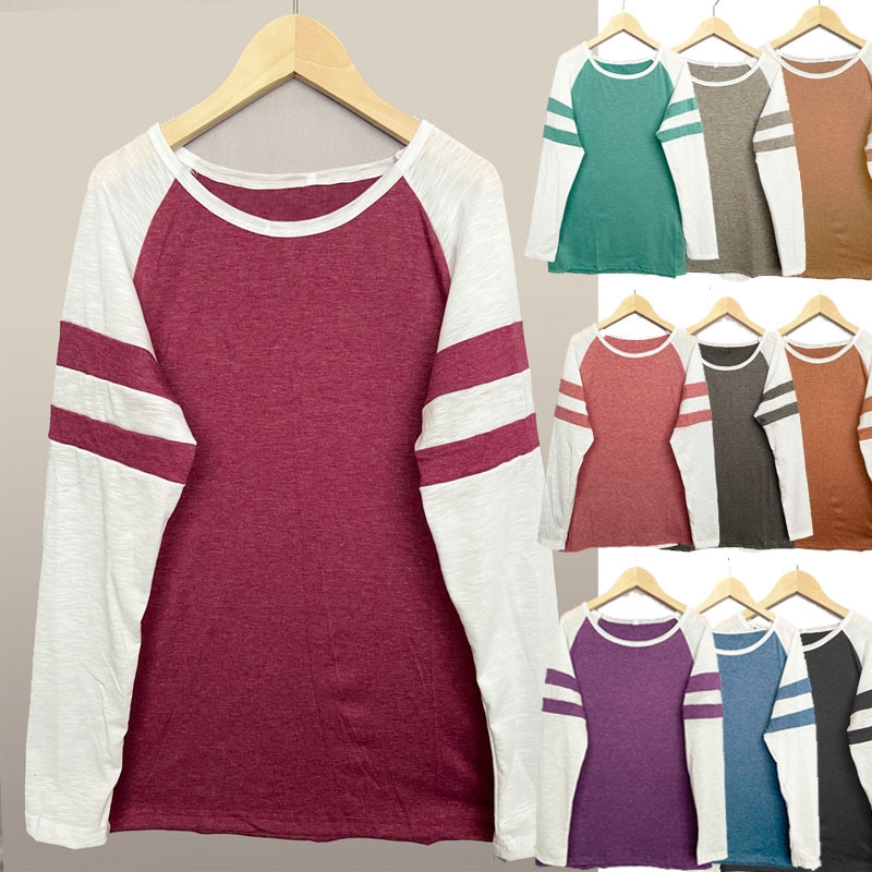 2021 Europe and the United States cross-border selling ebay Fashion three-color striped stitching long sleeve t-shirt round neck color matching top
