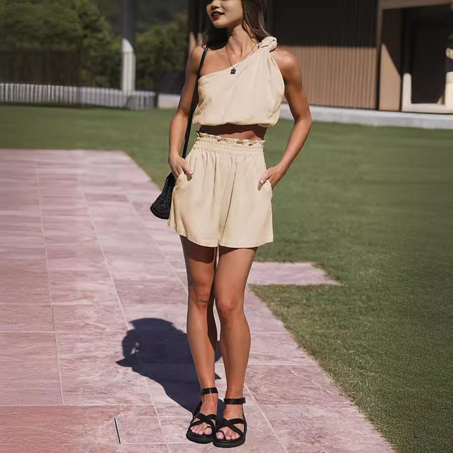 Cross-border foreign trade independent station 2023 Summer Street hipster women's collage solid color two-piece suit jacket + shorts