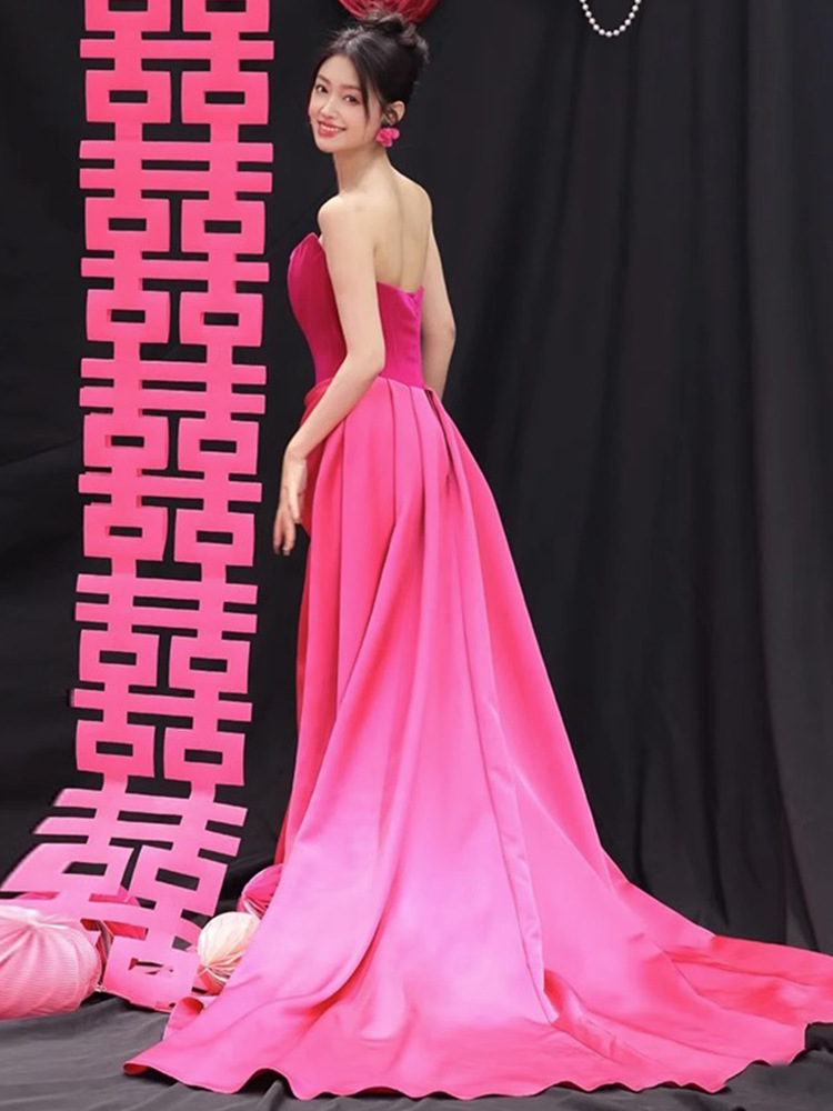 Toast dress bride Rose Red French tube top high-grade wedding party evening dress small trailing morning gown morning gown for winter