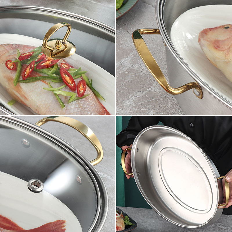 Thickened 304 Fish Steamer Oval Steamer Household Stainless Steel Large 38cm Fish Steamer for Induction Cooker Gas Stove