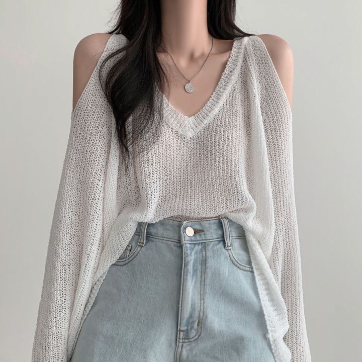 South Korea chic elegant V-neck off-shoulder loose lazy versatile casual sun protection solid color long sleeve sweater women's top_voghion.com