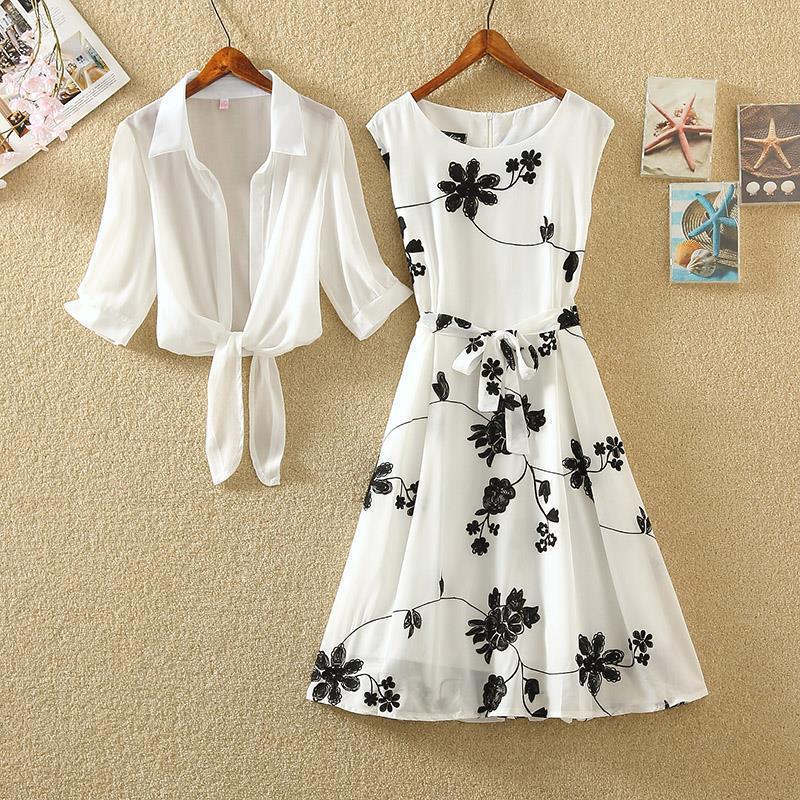 Suit 2022 Summer New Vintage Printed Small Black Dress High Waist Sleeveless Slimming A- line Skirt Two-piece Dress