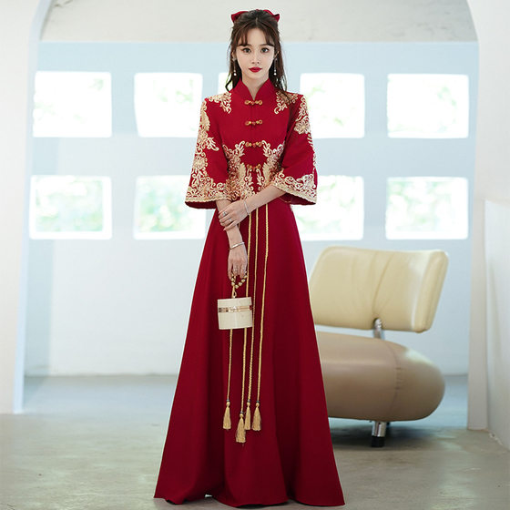 plus size Toast Dress Bride Summer Wedding Engagement Dress Chinese Xiuhe Dress wine red Long Toast Dress 2002