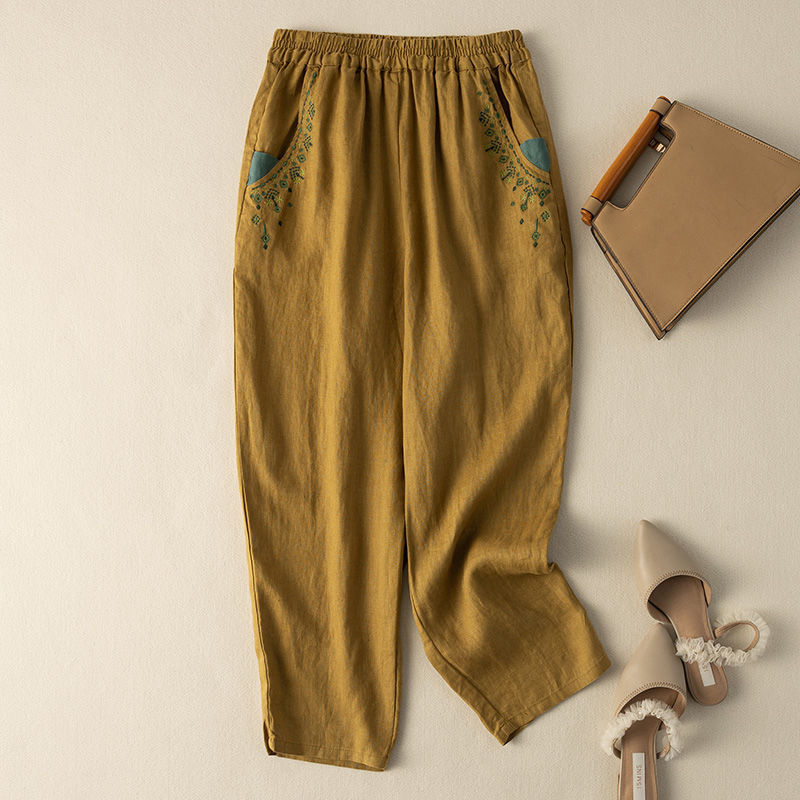 Cotton and linen retro embroidered radish pants women's summer New straight harem pants loose solid color versatile casual cropped pants