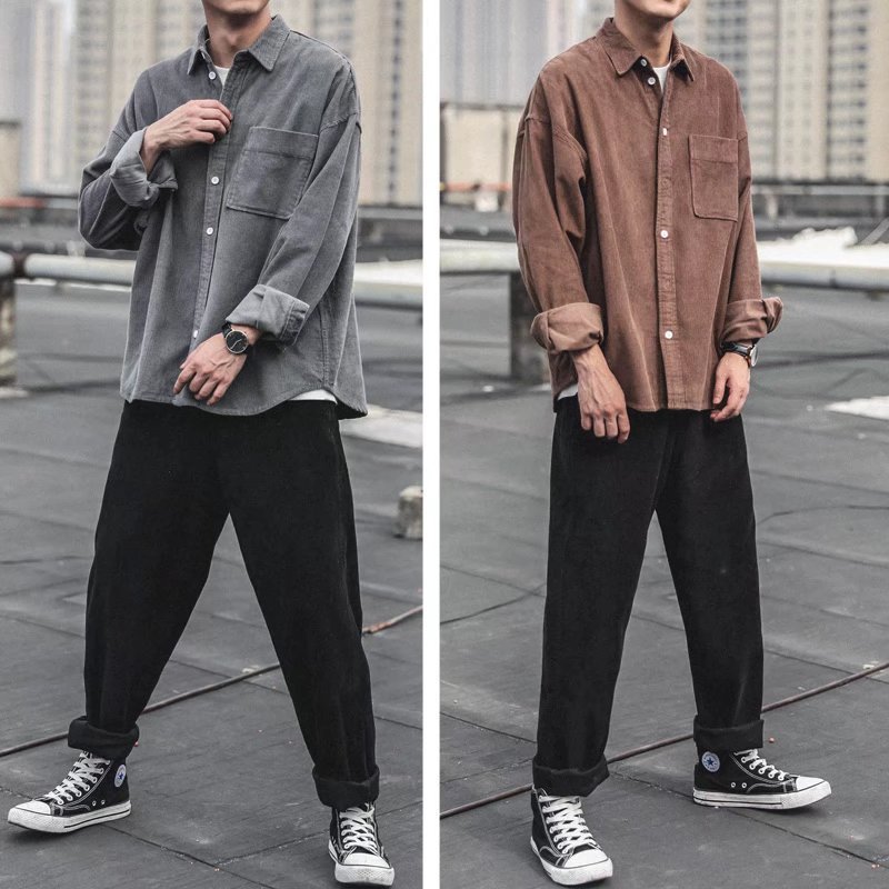 Japanese Style Spring and Autumn Corduroy Long-sleeved Shirt Men's Japanese Style Loose All-match Solid Color Handsome Casual Shirt Jacket
