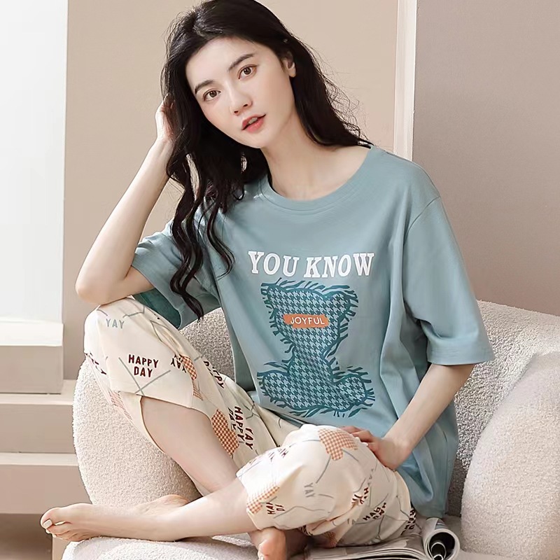 New short sleeve cropped pants pajamas women's summer simple Korean cartoon loose home clothes summer suit wholesale
