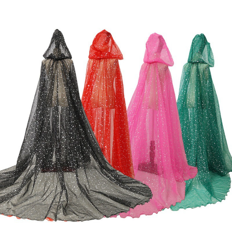 Traje de escenario brillante bronceado con capucha capa de Halloween capa grande negro verde rojo rosa