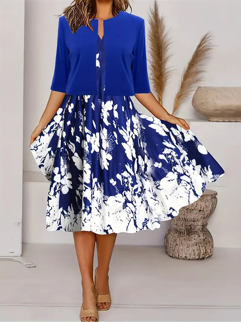2023 European and American Amazon autumn new women's long dress two-piece set flowers and plants printed round neck dress coat for women