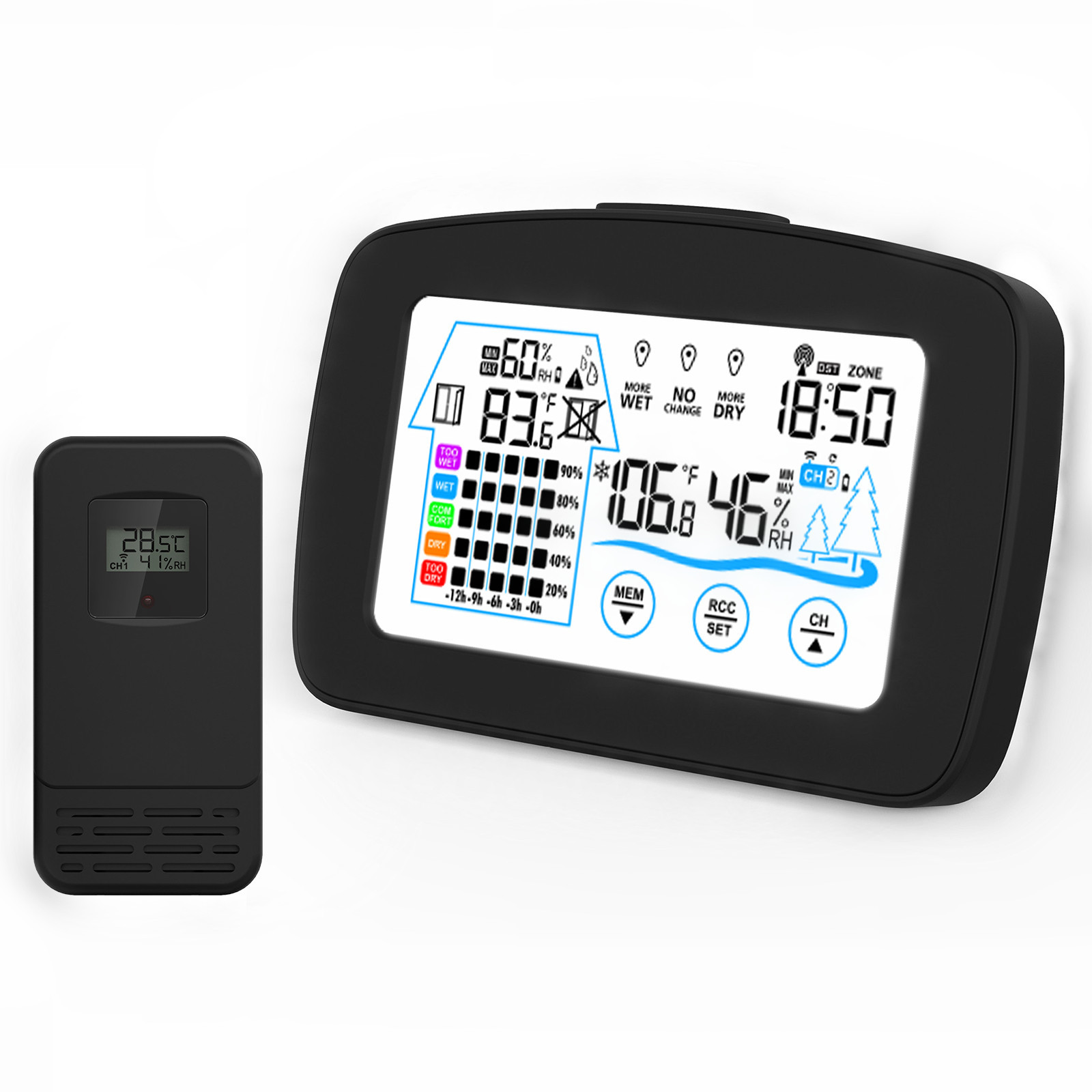 Cross-border color screen touch weather clock indoor and outdoor temperature and humidity meter Comfort Week display weather forecast radio clock