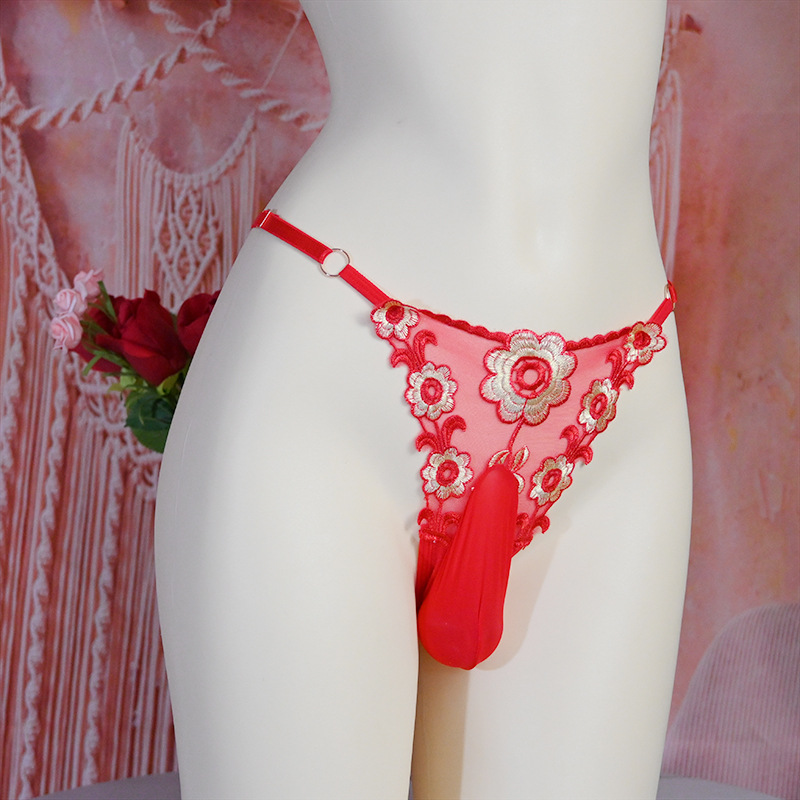 Sexy Sexy Underwear Thong T Pants Transparent Embroidered Low Waist Men's Blossom Egg Bag See-through Mesh Allure Red
