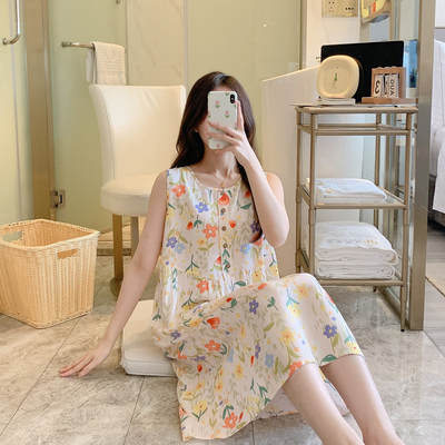 Summer vest nightdress women's thin sleeveless cotton silk pajamas home wear student loose large size outerwear cotton silk dress