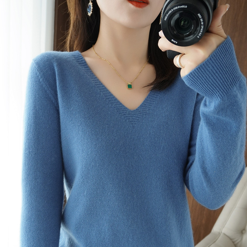 V-Neck Loose Knitted Sweater Women's 2021 Autumn and Winter New All-match Sweater Solid Color Long-sleeved Thin Stylish Top