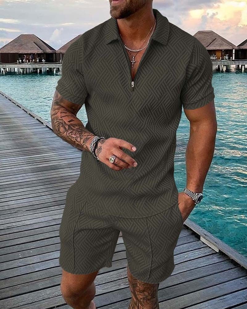 Cross-border Summer Men's 3D Printed Zipper Short-sleeved POLO Shirt Large Size Casual European and American Set Lapel Men's Shorts
