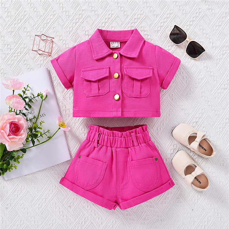 SAMGAMI BABY Foreign Trade children's clothing new summer girls western style denim suit Rose Red Coat + shorts