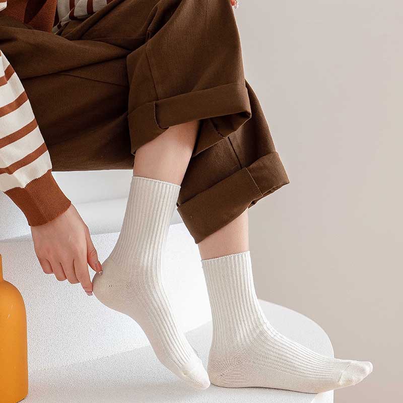 Autumn and Winter New Double Needle Stacking Socks Women's Middle Stockings Solid Color Cotton Socks JK Japanese Style White Socks Ins Trendy All-Match