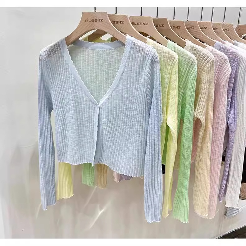 Ice silk cardigan long sleeve summer black thin sweater outer wear short air conditioning shirt sun protection clothing shawl top for women