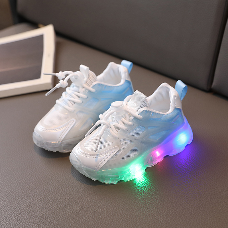2023 Autumn New Cartoon girls sneaker LED light-on luminous boys gradient color mesh shoes small and medium children's shoes