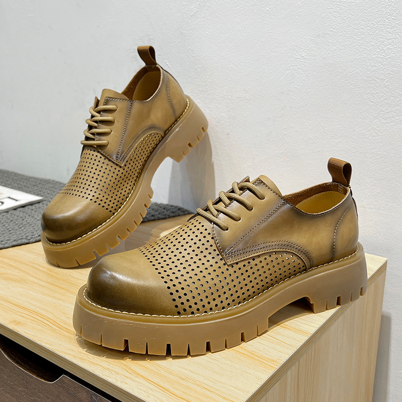 Summer Breathable Hollow Loafers Men's Sandals British Style Round Toe Lace-up Shoes Vintage Leather Shoes 25826-T