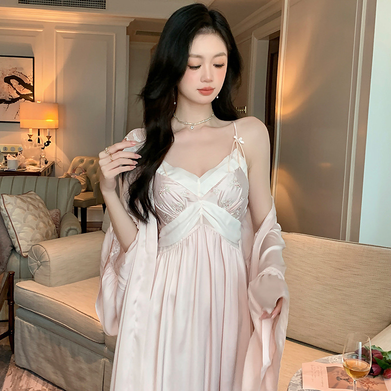 French ice silk nightgown for women summer new sexy suspender skirt two-piece set high-end dressing gown spring and autumn pajamas home clothes