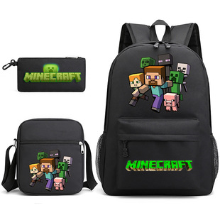 Cross-border hot selling my world hard work afraid backpack shoulder bag pencil case three-piece schoolbag children backpack cartoon