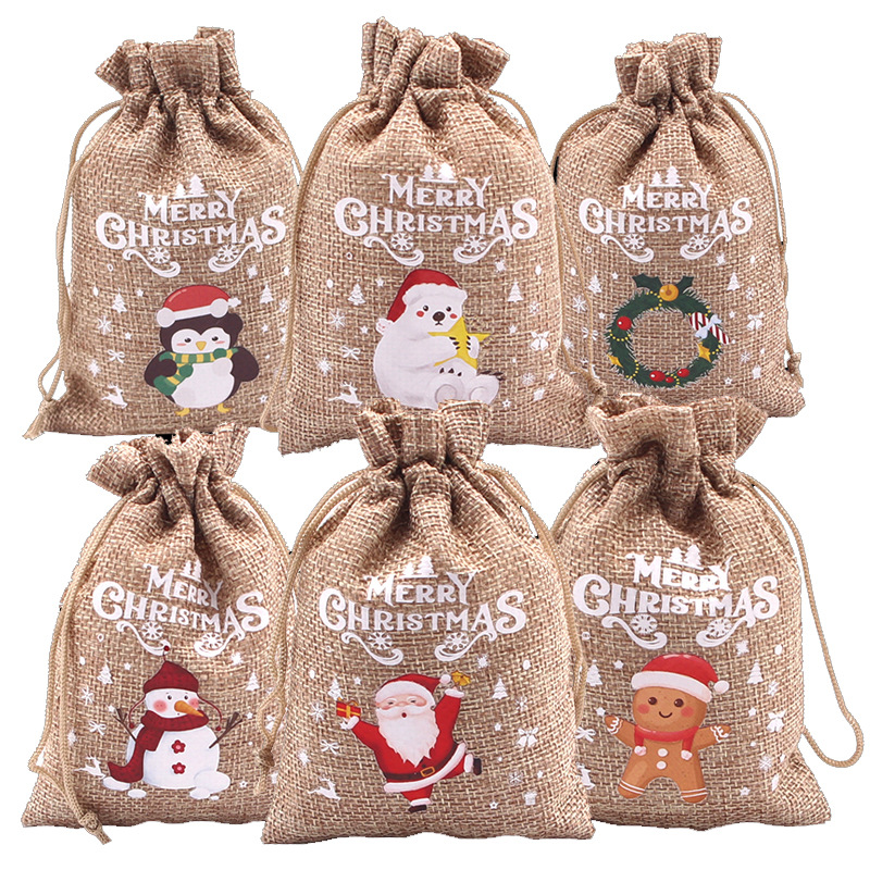 Cross-border direct supply Christmas imitation linen gift bag small gift candy packaging bag apple drawstring girdle storage bag