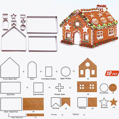 New 3D stainless steel biscuit mould Christmas gingerbread house 10 piece baking tools spot wholesale