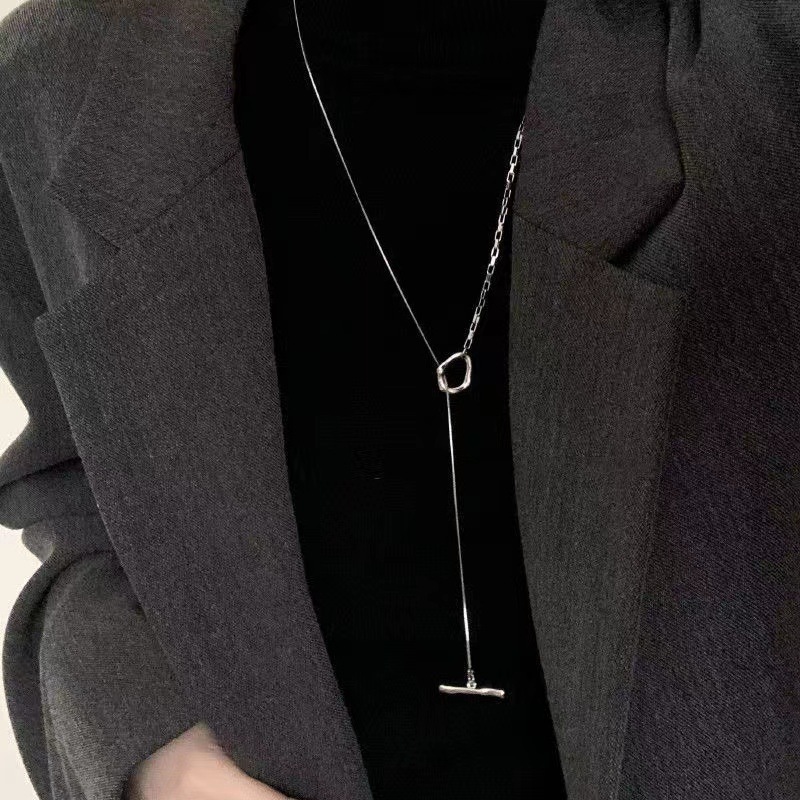 銀色拼接鏈條OT扣項鍊女秋冬輕奢小眾毛衣鏈高級感長款衛衣鏈配飾
