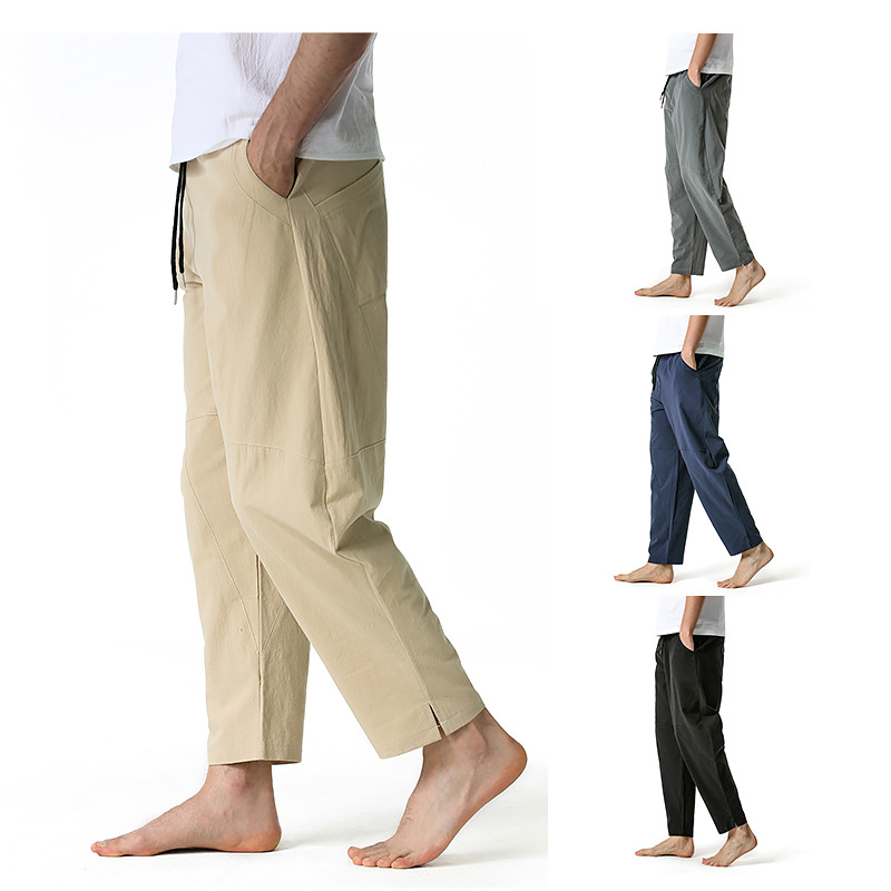 Men's linen cotton loose casual lightweight elastic waist pants yoga pants home pants K04