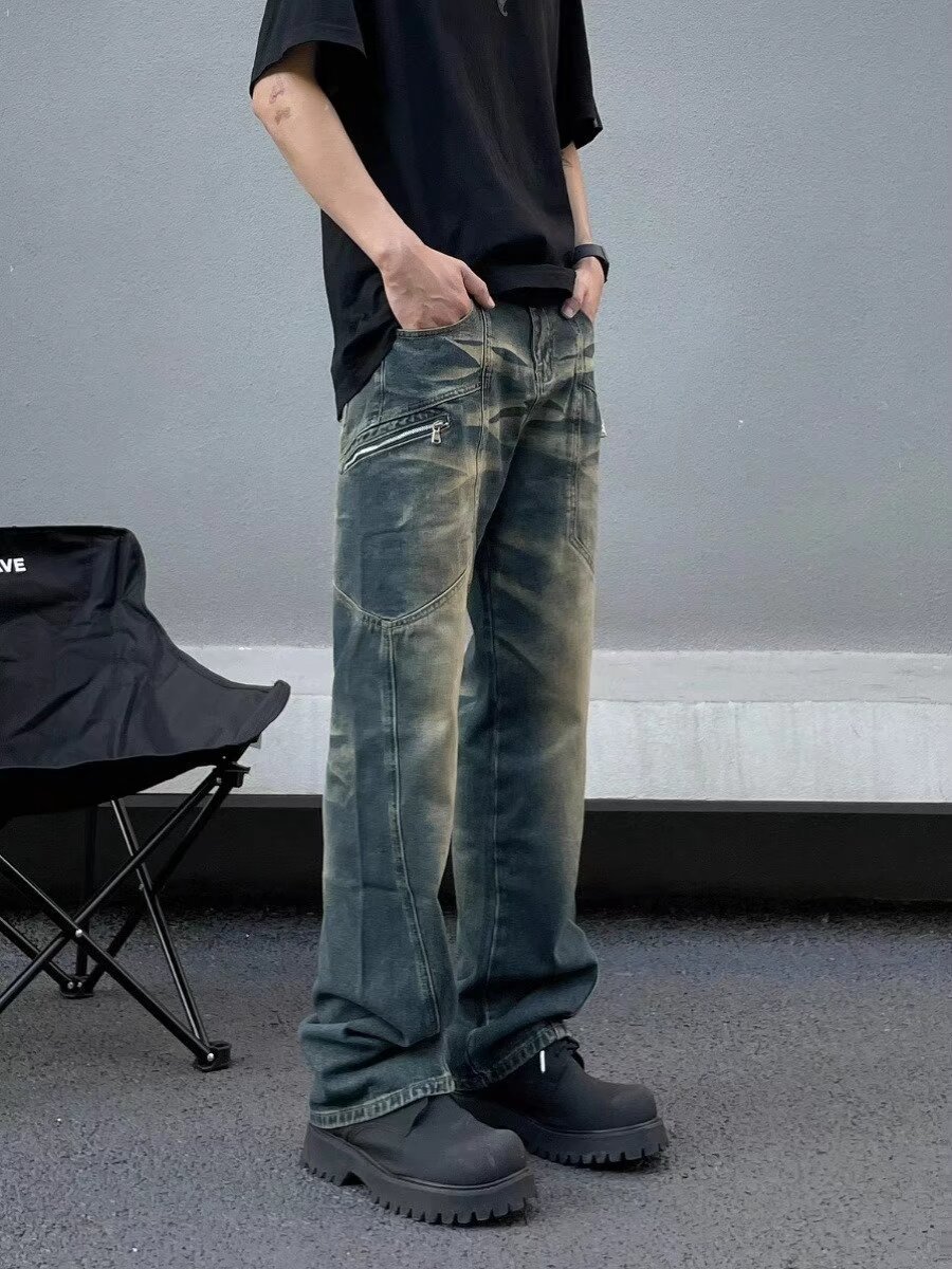 2024 American high street jeans men's trendy spring and autumn new style fried street loose draping all-match fashionable trousers