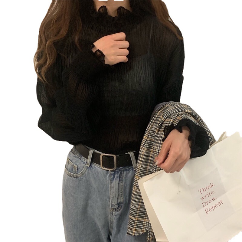 Western Style Super Fairy Loose Belly-Covering Chiffon Shirt Women's Spring and Autumn Half-High Collar Pleated Mesh Base Stacked Top for Women