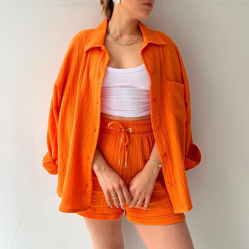 2023  European and American Women's Wrinkled Lapel Long Sleeve Shirt High Waist Drawstring Shorts Fashion Casual Two-Piece Set_voghion.com