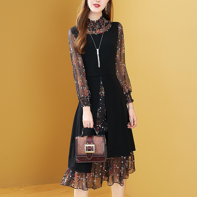Large size women's clothing 2022 spring and summer new chiffon dress elegant temperament mid-length dress fake two irregular