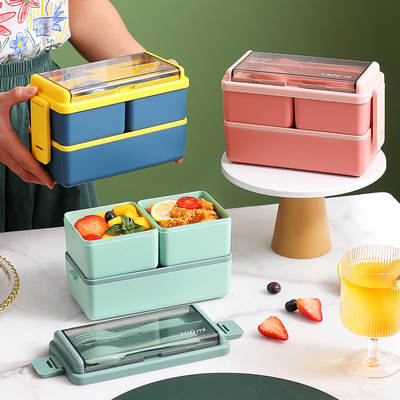 Plastic lunch box for office workers microwave heating lunch box set Japanese-style lunch box double-layer compartment with tableware