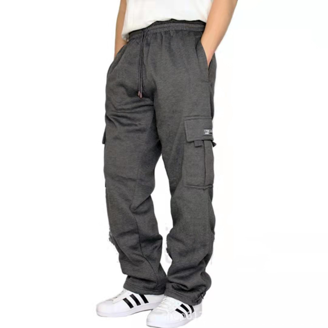 2023 cross-border new sports casual trousers fleece-lined ankle-tied multi-pocket lace men's loose overalls trousers