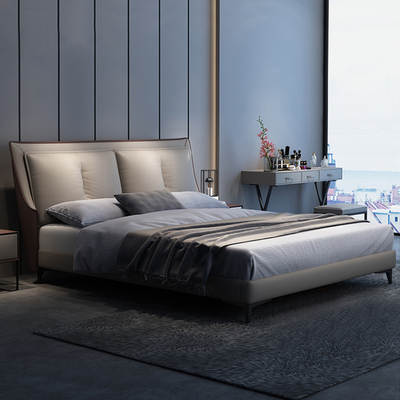 Leather Bed Minimalist Head Layer Single Bed Cowhide Modern Simple Main 1.8 m Double Solid Wood Bed Frame Soft Bag Wedding Bed