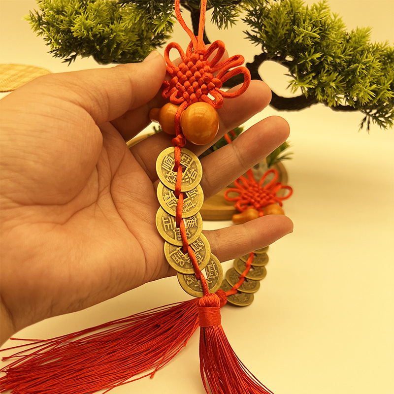 Factory wholesale real brass five Emperor money wooden gourd pendant Chinese knot door hanging car hanging small gifts tourist souvenirs