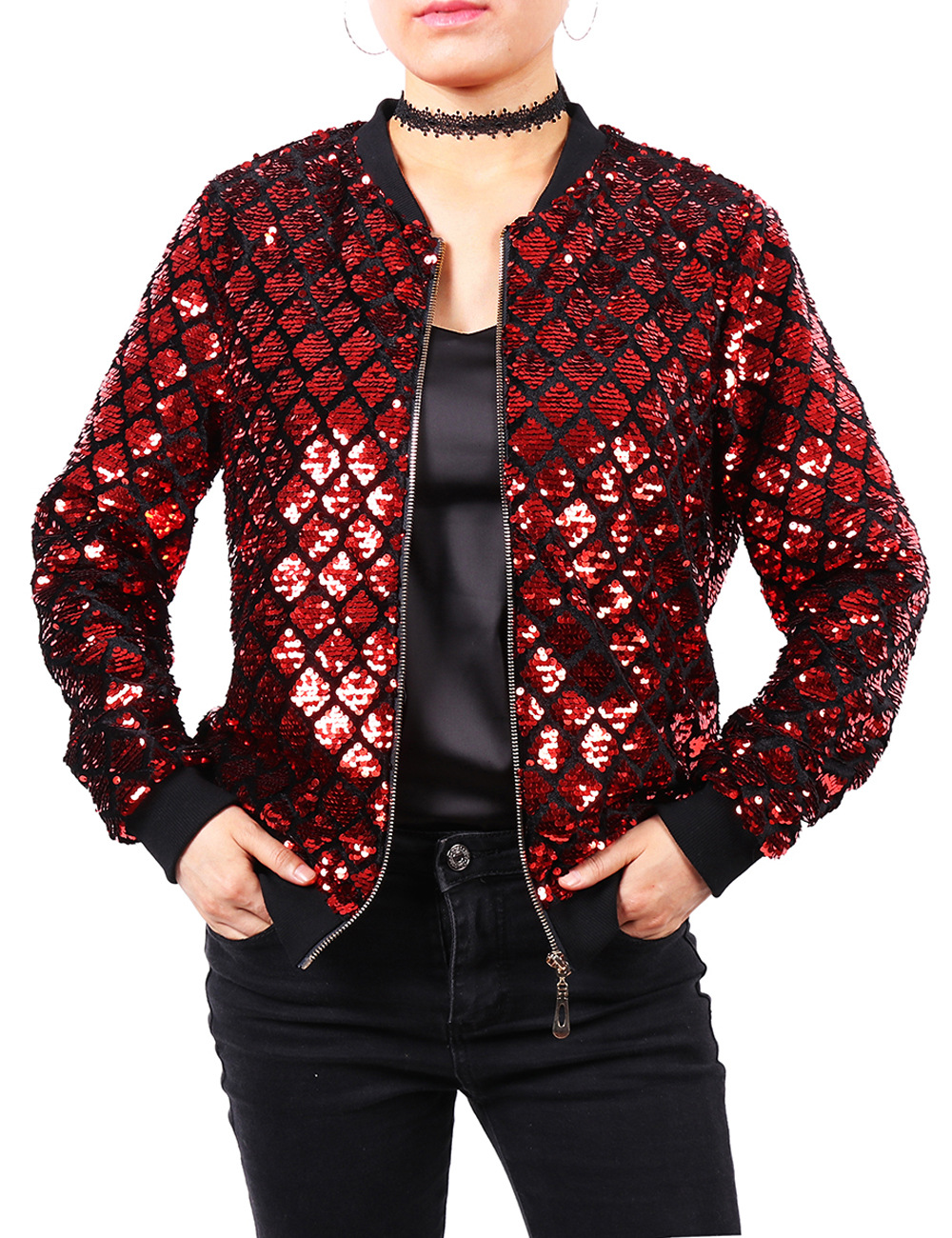 European and American cross-border new Amazon Women's sequined jacket Plaid shiny baseball uniform parka suit good quality
