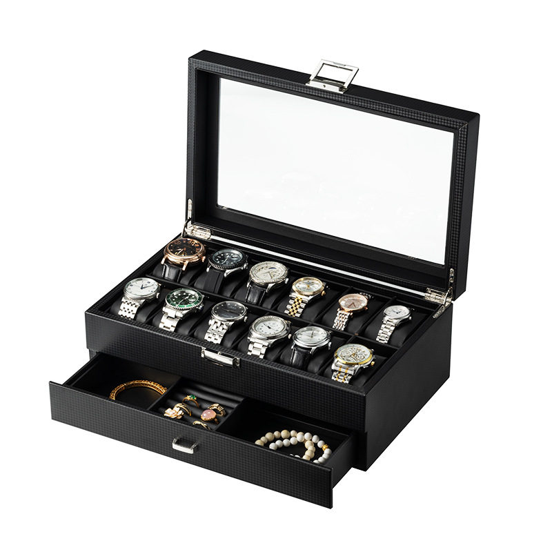 Watch Jewelry Box Double Layer 12 Table Carbon Fiber PU Jewelry Box Watch Display Box Storage Box Desktop Storage Box